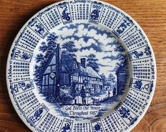 1987 Calendar Plate • Zodiac Decorative Dish • Blue and White Porcelain Plate • Vintage English Collection