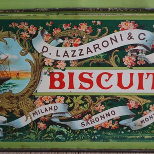 Boîte en métal publicitaire de collection lithographiée biscuits Art Déco Boîte à Biscuits D. Lazzaroni & C. italienne Rangement italien image 2