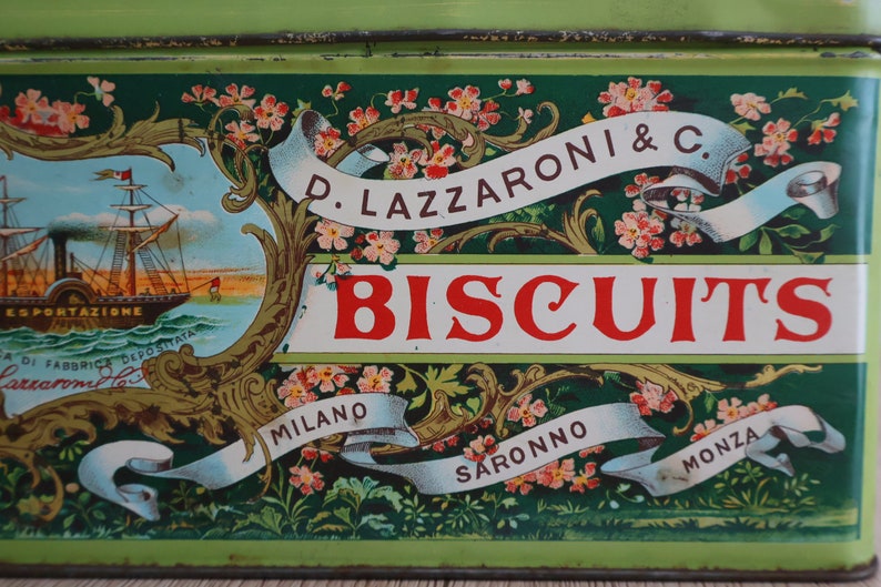 Boîte en métal publicitaire de collection lithographiée biscuits Art Déco Boîte à Biscuits D. Lazzaroni & C. italienne Rangement italien image 2