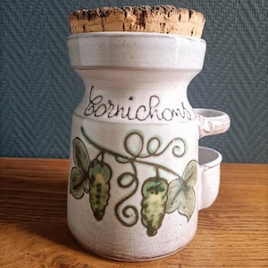 Vintage stoneware pickle jar signed Louis Tournai 1978, handmade ceramic, rustic chic country kitchen style with cork lid