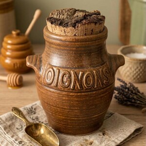 Olla de cerámica vintage para cebollas, estilo rústico francés, para almacenamiento en la cocina, olla de cerámica marrón con tapón de corcho | Decoración de granja