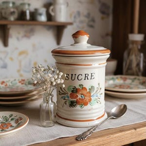 Antique Stoneware Sugar Jar, Hand Painted Floral Pattern - Farmhouse Kitchen Storage Jar with Lid • French Home