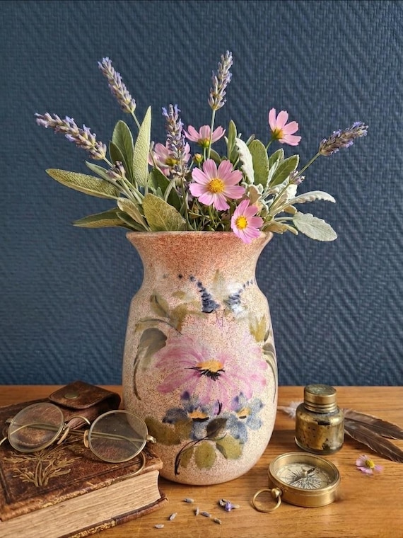 ヴィンテージ ヴァロリス 陶器花瓶、手描きの花飾り、ミッド 