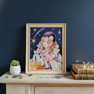 Antyczna gobelinowa dekoracja z motywem pierrota – ręcznie haftowane płótno z lat 70. XX wieku – romantyczna sztuka ścienna z kobietą i marionetką – wystrój w stylu francuskiego boho