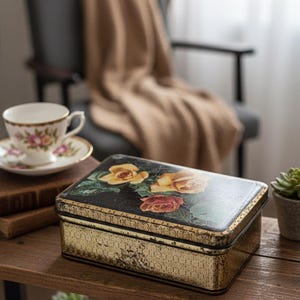 Joyero floral antiguo, caja de hierro negro decorada con rosas amarillas, decoración romántica para dormitorio, caja de metal litografiada vintage.