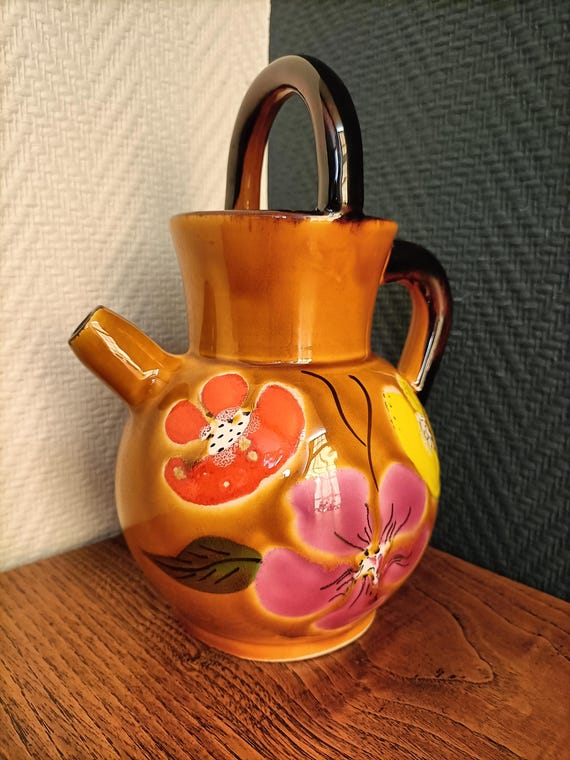 Pichet de décoration 20x14x23 cm Rose Beige Céramique Fleurs Carafe d'eau