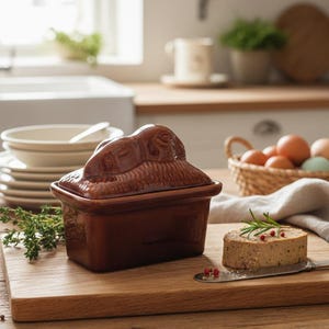 Terrina di coniglio vintage in ceramica smaltata – Piatto da pasticceria fatto a mano – Decorazione da cucina rustica e shabby chic – Terracotta marrone