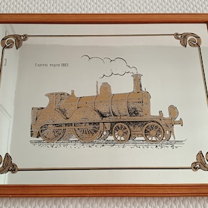 Large Vintage Locomotive Mirror &quot;Express Engine 1883&quot; - Retro Framed Steam Train Wall Decor - Made in Hong Kong