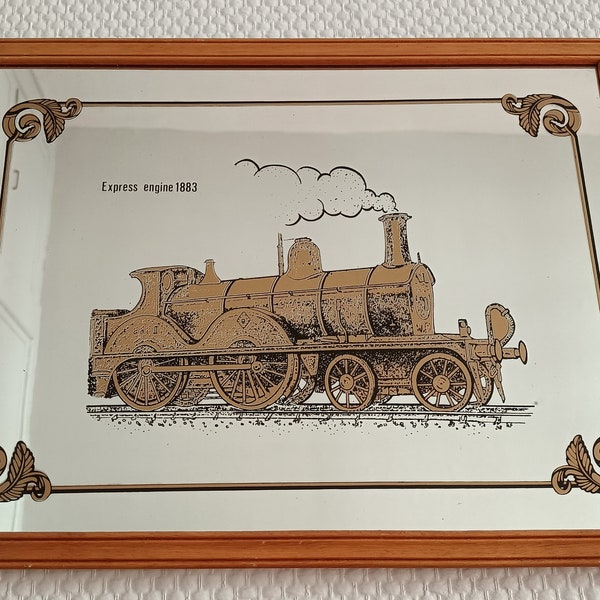 Cadre miroir sérigraphié vintage décor locomotive • mural rectangulaire •  art nouveau • miroir encadré • panneau de locomotive