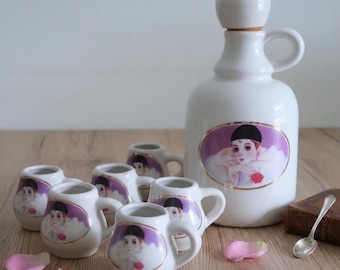 Vintage Pierrot Decanter and Glasses - Set of Bottles and Liqueur Glasses - Retro Collection from the 50s/60s - Bar Decoration