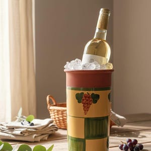 Enfriador de botellas vintage de terracota para vino, firmado por Pauline France. Diseño artesanal de tablero de ajedrez verde y uvas. 19 cm.