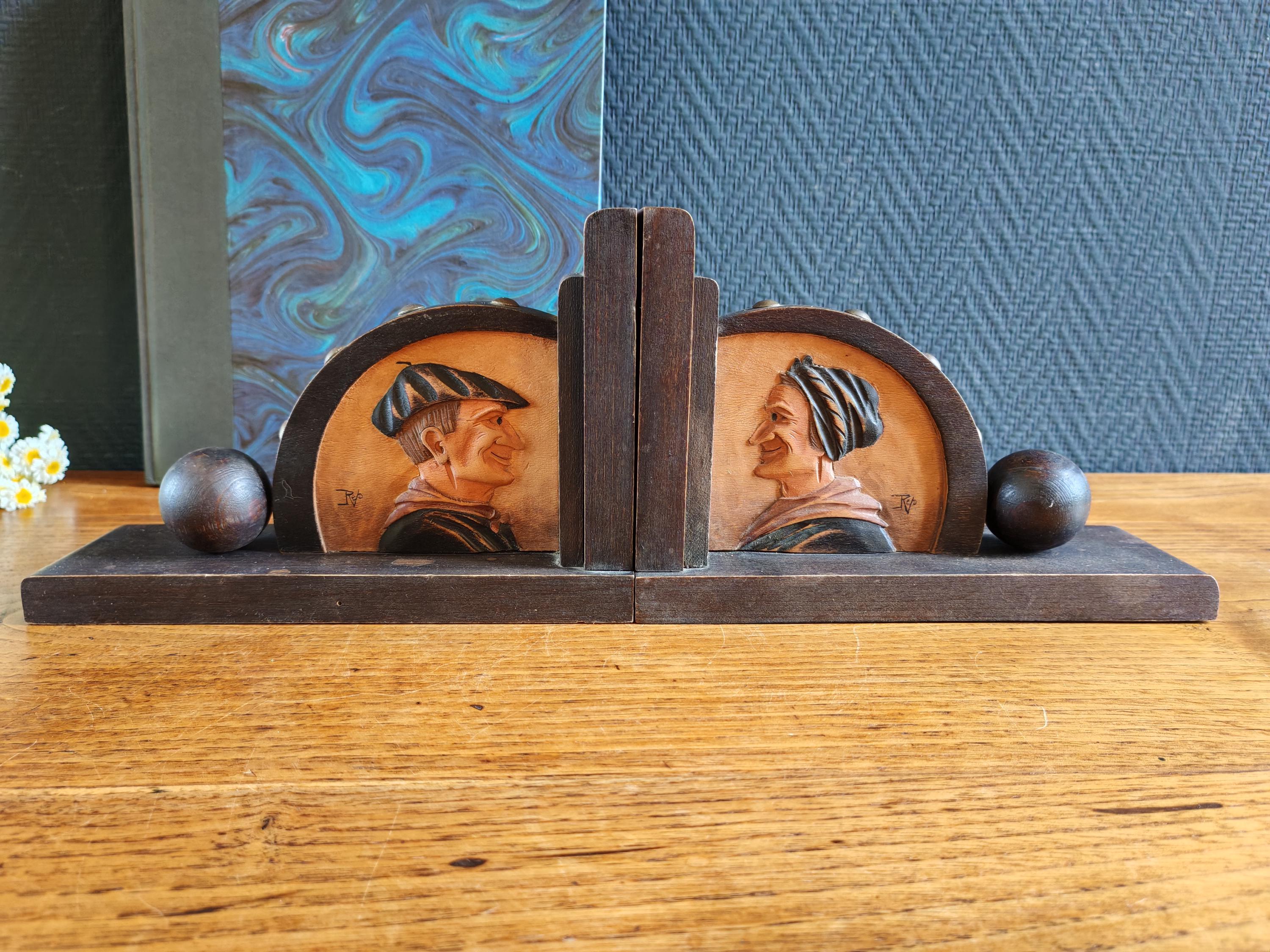 Pair of Antique Rustic Figure Bookends - Vintage Retro Hand-carved ...