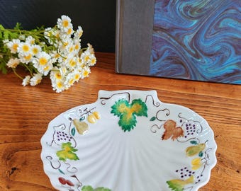 Lovely Vintage Philippe Deshoulières Limoges Shell Dish - Hand-Painted Fruits & Vines Decor - French Porcelain