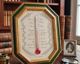 Termómetro de pared antiguo estilo Luis XV, marco octogonal dorado y verde, fabricado por L.M. en Burdeos.