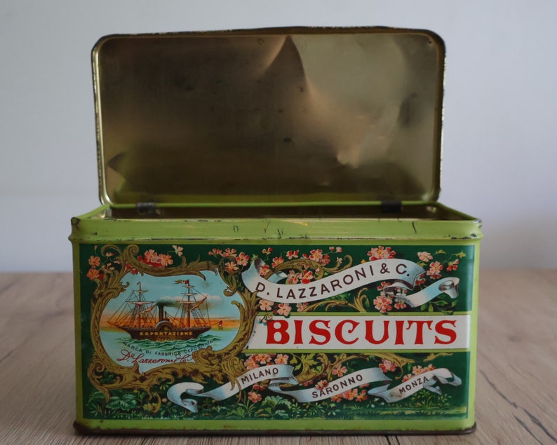 Boîte en métal publicitaire de collection lithographiée biscuits Art Déco Boîte à Biscuits D. Lazzaroni & C. italienne Rangement italien image 6