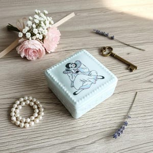 Square Pierrot porcelain jewelry box from the 1980s • Unique French pottery decoration • Vintage ceramic box