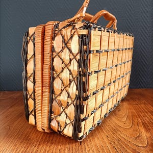 Grand panier mallette osier fait main design XXème • Valisette vintage • Vieille valisse • Panier Pique-Nique en rotin• Rattan case