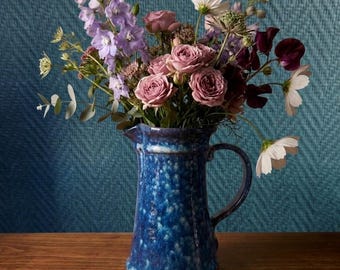 Handmade Cobalt Blue Ceramic Pitcher - French Craft Jug - Speckled Flamed Glaze - Pottery Signed P.Z. - Rustic Vintage Vase