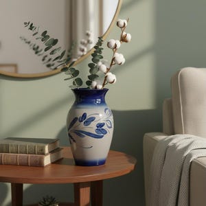 Elzasser aardewerk vaas, met de hand gedraaid en gedecoreerd, Anne Ehret - Vintage blauw en grijs keramiek - Gesigneerd aardewerk uit Frankrijk