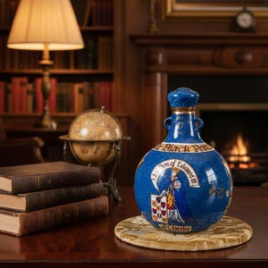May include: A blue ceramic decanter with a detailed illustration of a historical figure and text. The decanter has a matching stopper and gold accents. The text reads "Son of Edward III" and "Black Prince".