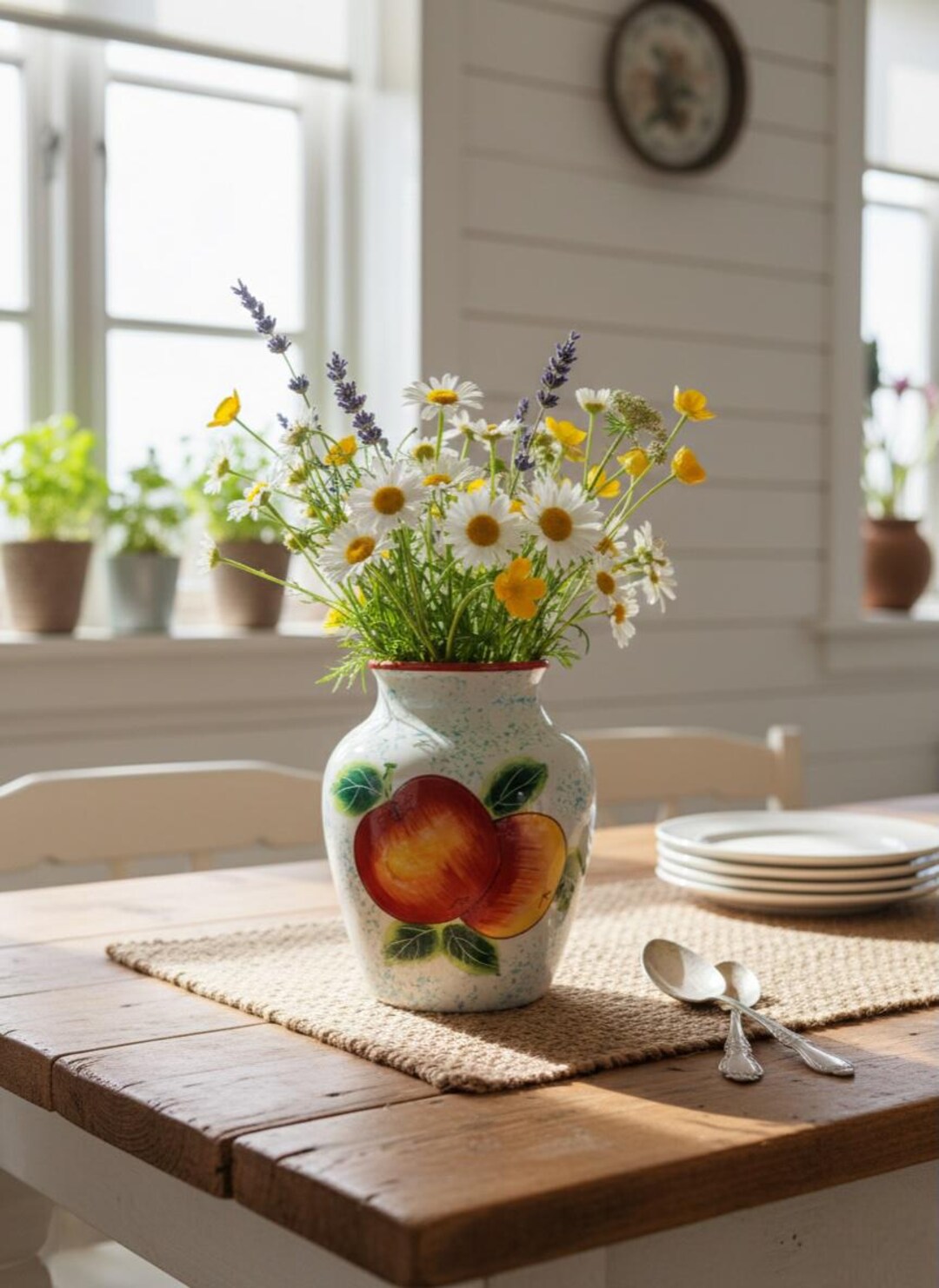 花と葉の装飾 陶器の花瓶 桃と葉のモチーフがあしらわれたヴィンテージホワイトセラミック花瓶