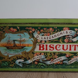 Boîte en métal publicitaire de collection lithographiée biscuits Art Déco Boîte à Biscuits D. Lazzaroni & C. italienne Rangement italien image 1