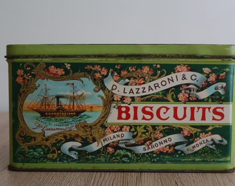 Boîte en métal publicitaire de collection lithographiée biscuits Art Déco • Boîte à Biscuits D. Lazzaroni & C. italienne • Rangement italien