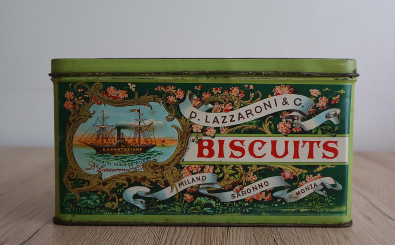 Boîte en métal publicitaire de collection lithographiée biscuits Art Déco Boîte à Biscuits D. Lazzaroni & C. italienne Rangement italien image 1