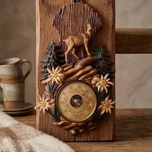 Vintage Chalet Style Wall Barometer - Chamois and Edelweiss Resin Decor - Rustic Weather Instrument - Mountain Decoration