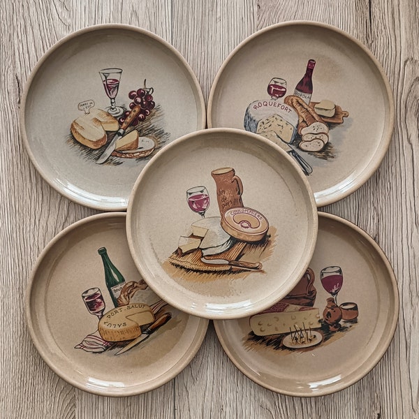 Lot de 5 assiettes latérales en terre cuite GIEN Français vintage • Assiettes à fromage •