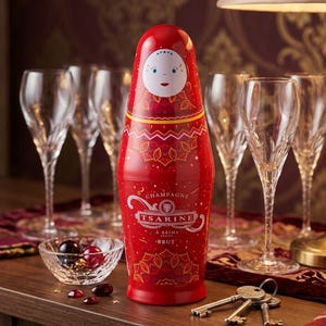 May include: A red champagne bottle in a Matryoshka doll design, with the text "Champagne Tsarine A Reims France Brut". The bottle is on a wooden surface with champagne glasses, a small bowl of cherries, and keys. A lamp is in the background.