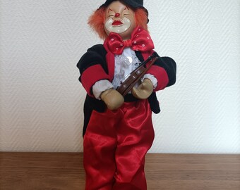 Français clown automate musical avec son violon •Jouet de collection • Poupée vintage clown musicien • Clown décoratif années 80