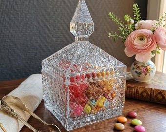 Vintage Cut Glass Candy Dish with Diamond Points, Square Jewelry Box with Pyramidal Lid, Shabby Chic Decor