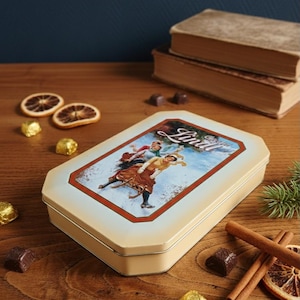 Vintage Lindt Chocolate Metal Tin - Christmas Advertising Cookie Tin - Collectible Hinged Lid Tin
