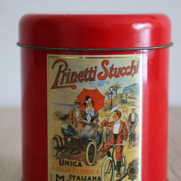 Italienne boîte à café en métal publicitaire vintage Prinetti Stucchi • Boîte à biscuits ronde • Ancienne boite en tôle lithographiée •