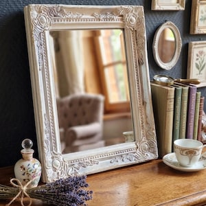 Vintage Baroque Style Mirror, Off-White Patina Finish - Shabby Chic Wall Decor - Ornate Floral Frame - Rectangular Accent Mirror