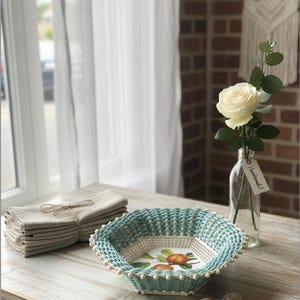 Vintage &#39;Plastona&#39; Scandinavian style fruit basket - turquoise and white woven plastic bowl, apple decoration, Made in Greece