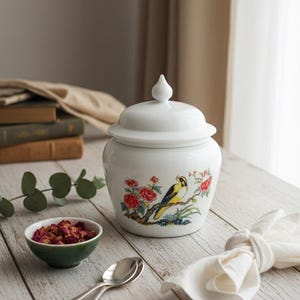 Vintage AVON glazen melkkan - Opaalglazen pot met deksel en vogel- en bloemenmotief - Retro woondecoratie