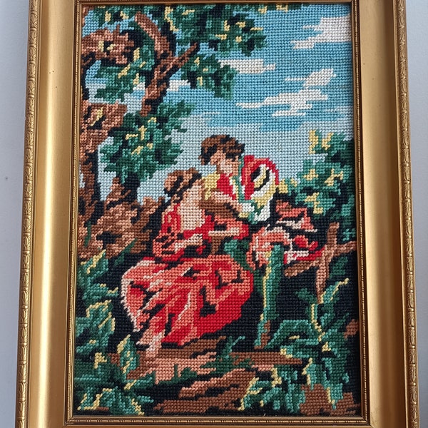 Français Tableau canevas couple scène romantique • Tissage Penelope SEG  •tapisserie vintage • Tableau brodé à la main •  Broderie •  Art