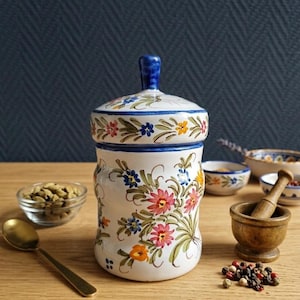 Pot à épices faïence Martres-Tolosane signé Jodpa — Peint à la main — Décor floral polychrome — Poterie artisanale Sud-Ouest France