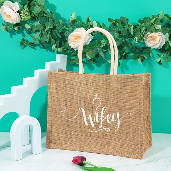 Sac de demoiselle d'honneur fourre-tout de plage personnalisé avec nom toile de jute cadeau de faveur mariage pour son monogramme nuptiale