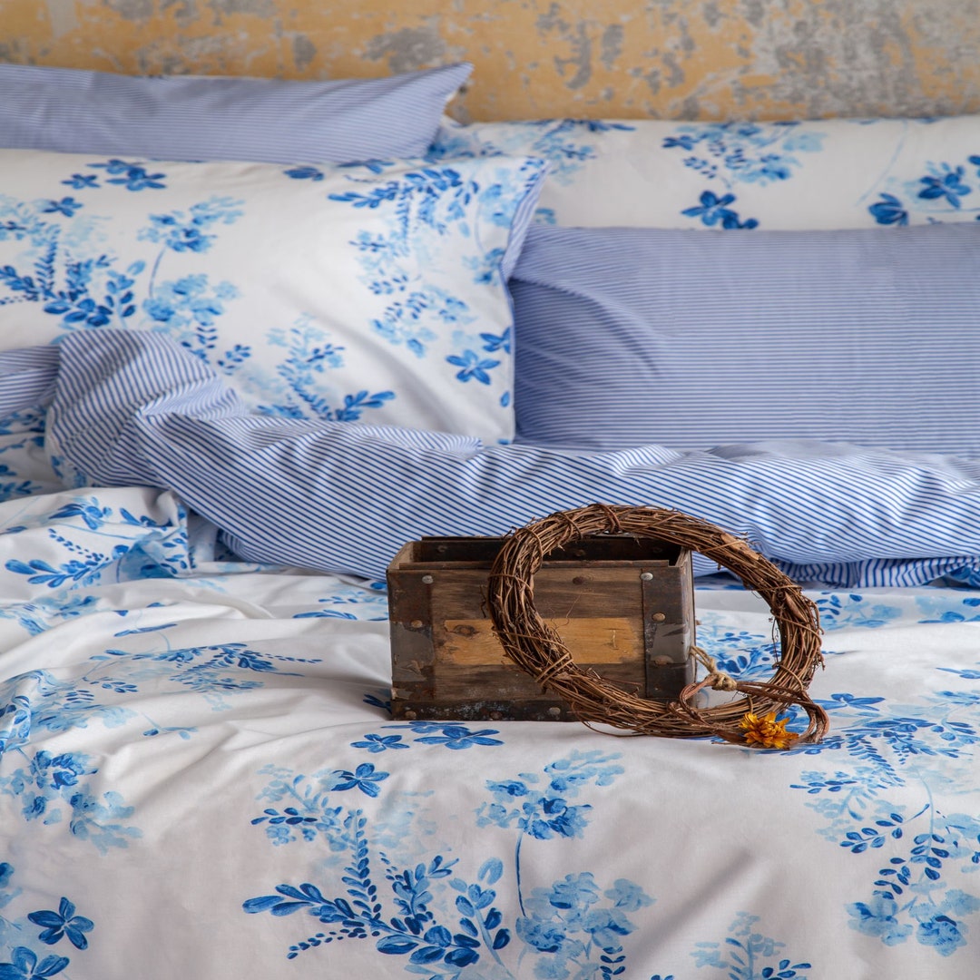 Ocean Blue Duvet Cover Set Floral Striped Reversible 100 Etsy