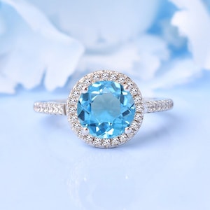 Swiss Blue Topaz Halo Ring | Blue Topaz Wedding Engagement Ring | 14K White Gold Ring | Anniversary Promise Ring | Blue Gemstone Round Ring