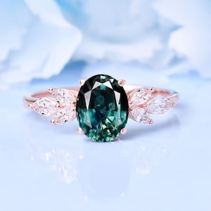 Vintage Teal Sapphire Engagement Ring | Green Stone Oval Shaped Wedding Ring | Marquise Moissanite Accent Ring | Promise Ring |Sapphire Ring