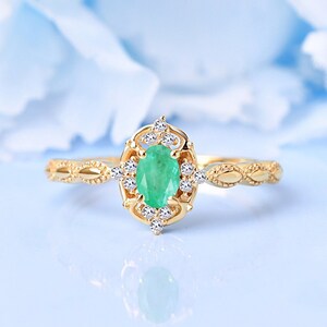 Natural Green Emerald Art Deco Ring | Yellow Gold Wedding Ring | Vintage Emerald Oval Ring | Birthstone Jewelry | Promise Ring |Gift For Her