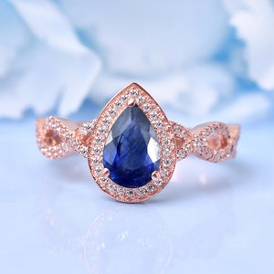 Blue Sapphire Halo Ring | Pear Shaped Twist Ring | Moissanite Cluster Ring | Sapphire Bridal Ring | Wedding Anniversary Ring | Promise Ring