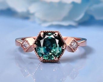 14K Round Green Sapphire Ring | Hexagon Shaped Bridal Ring | Teal Sapphire Wedding Ring | Unique Bridesmaid Ring | Art Deco Rose Gold Ring