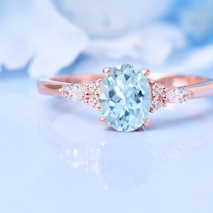 14K Gold Aquamarine Wedding Ring | Oval Aquamarine Ring | Moissanite Accent Ring | Aquamarine Jewelry | Promise Ring | Birthday Gift For Her