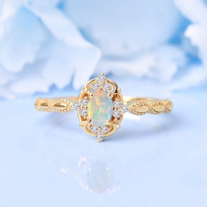 Art Deco Opal Ring | White Opal Vintage Ring | 14K Gold Opal Ring | Anniversary Birthday Gift For Her | Unique Opal Ring | Opal Wedding Ring