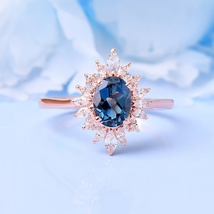 14K Gold London Blautopas Verlobungsring Halo | Marquise Moissanit Cluster Ring | Vintage Blauer Topas-Jubiläumsring | Ovaler Ehering